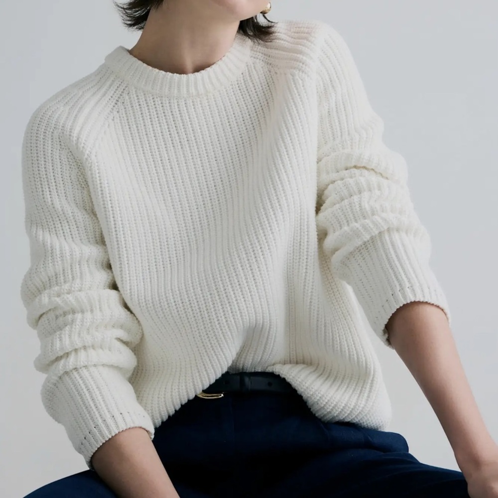 J. Crew White Organic Cotton Fisherman Knit Sweater Medium